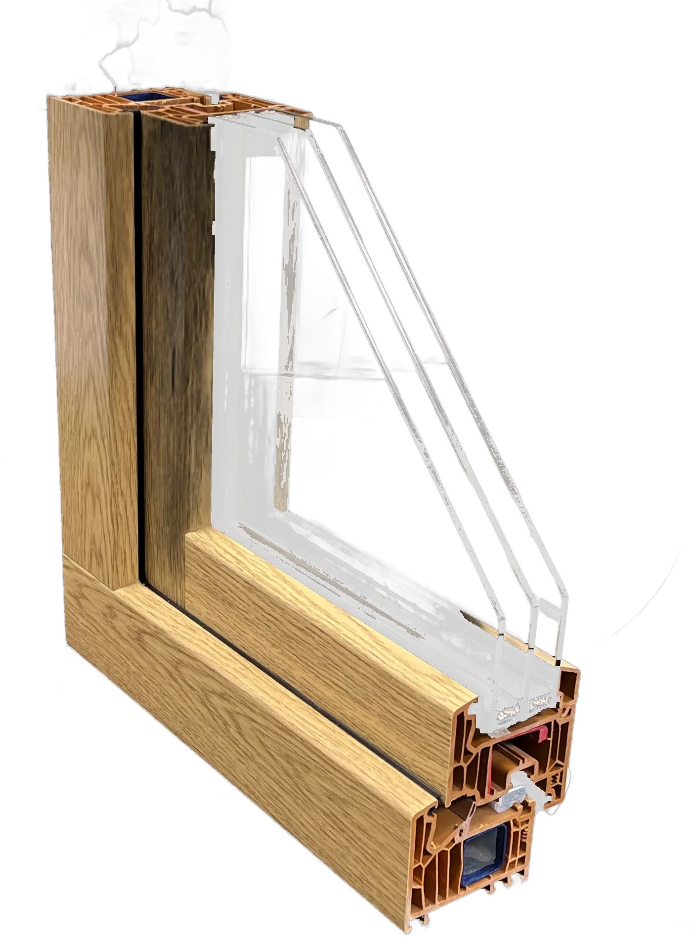 Freigestelltes Eckmuster eines VEKA-Profils in Holzoptik mit Dreifachverglasung